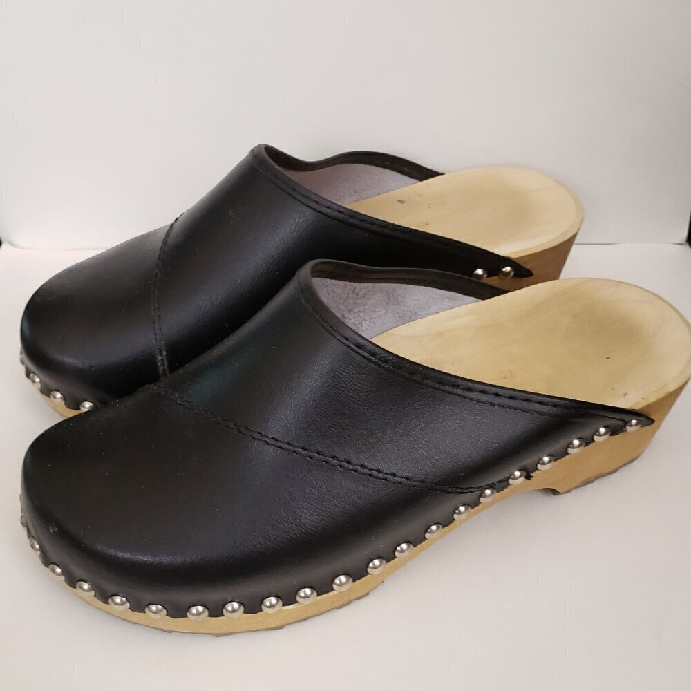 Black Leather Studded Clog Mules